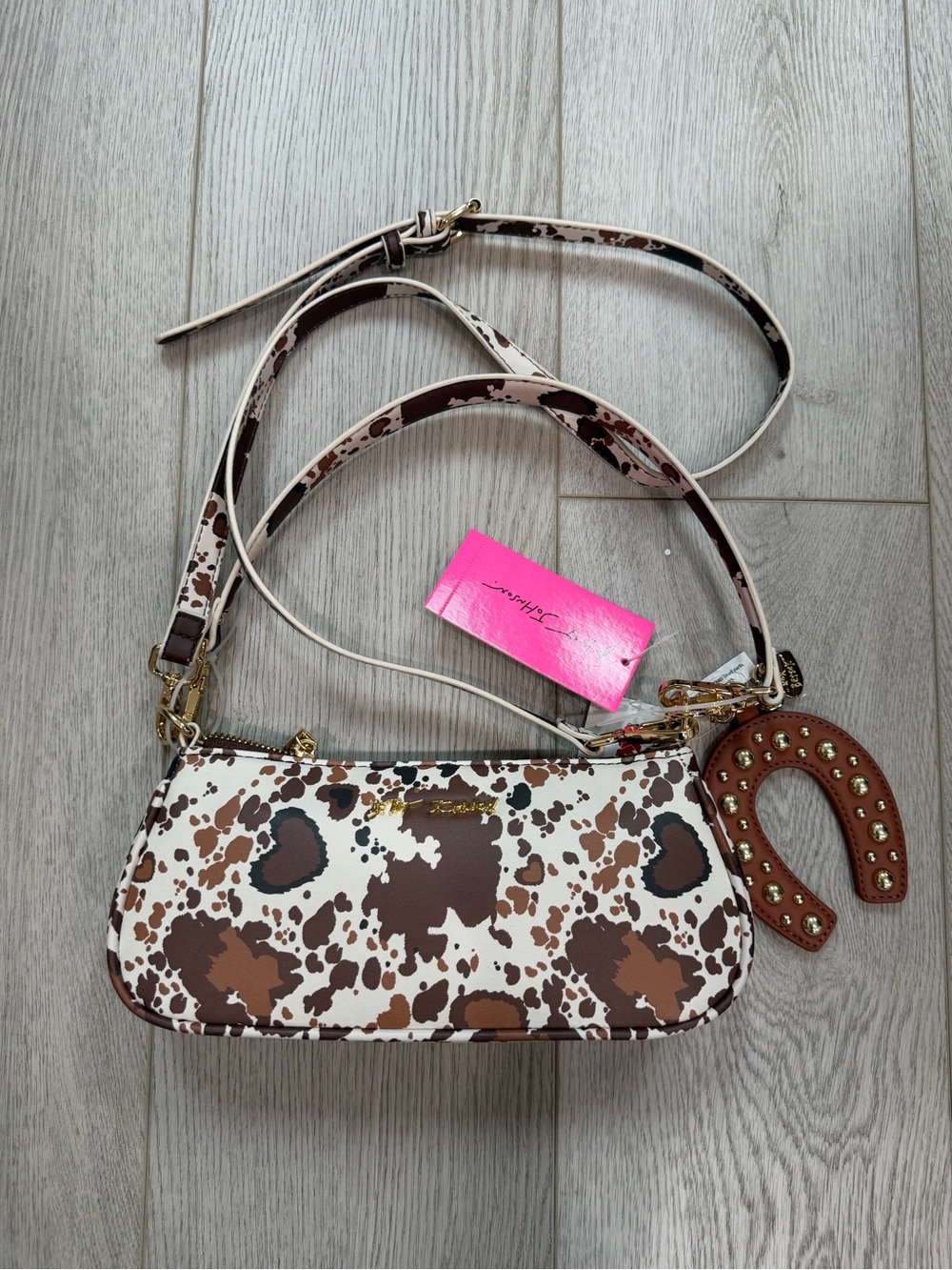 Cowhide-Print Shoulder Bag with Studded Horseshoe Charm - Brown & White Betsey